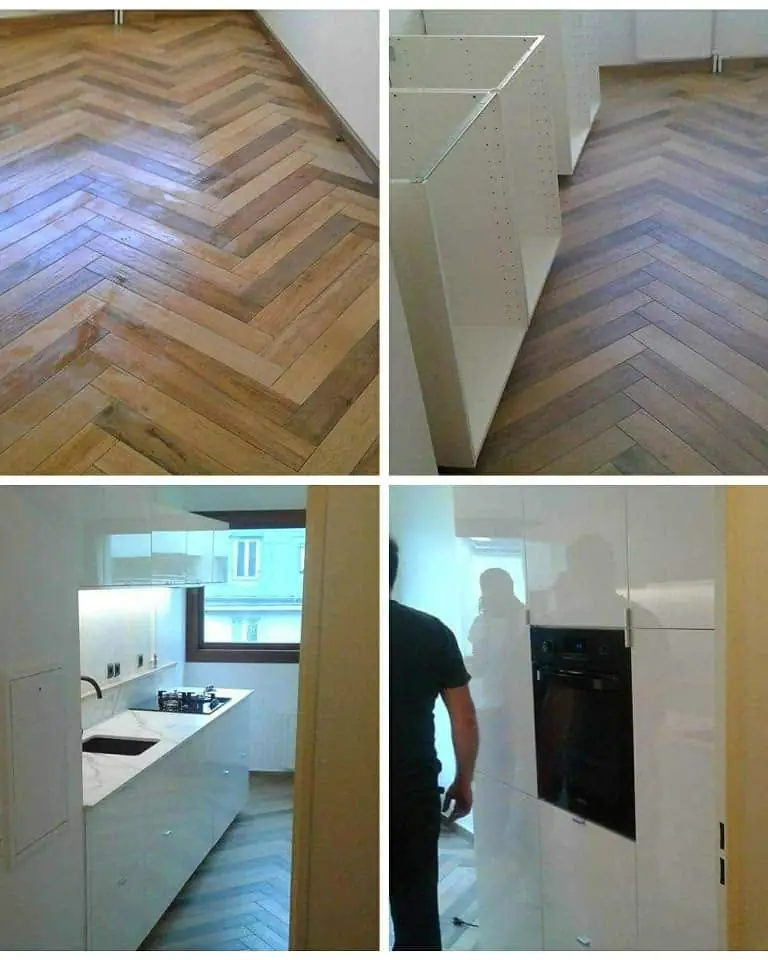 Montaj 4 imagini: parchet în spice (înainte/după), bucătărie în lucru și finalizată