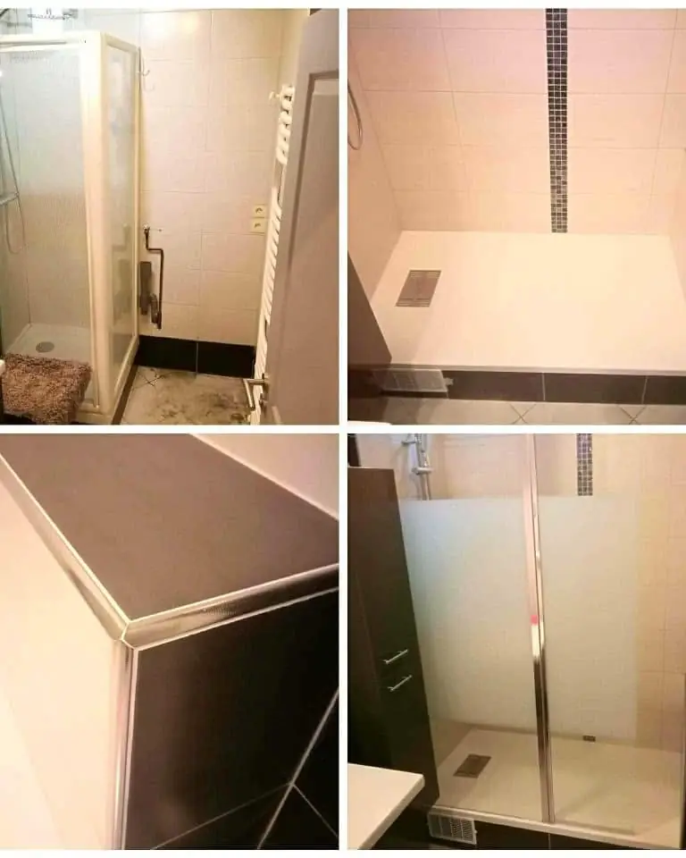 Cabine de duș în etape diferite de finisaj, cu sticlă și gresie