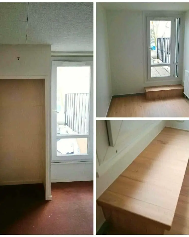 Etape de renovare cu rigips vopsit și parchet lemn în instalare