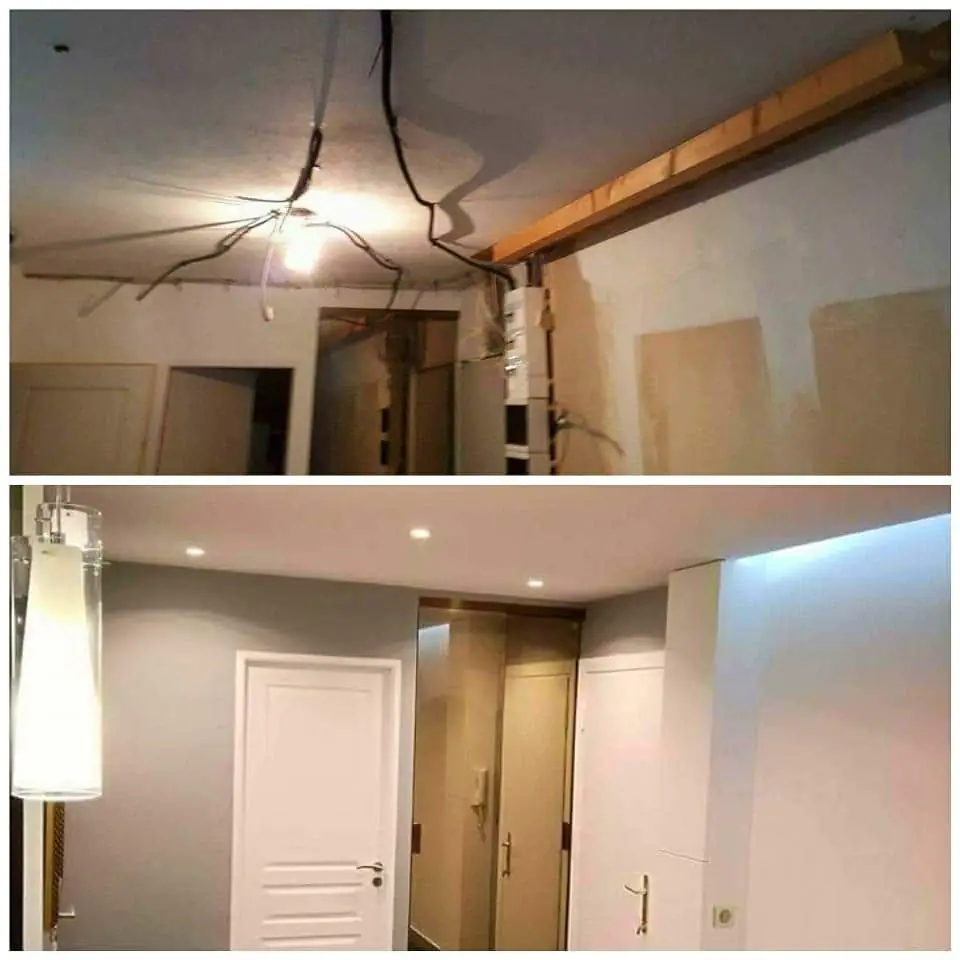 Două fotografii: (sus) lucrare electrică în tavan cu cabluri și suspensie de lampă