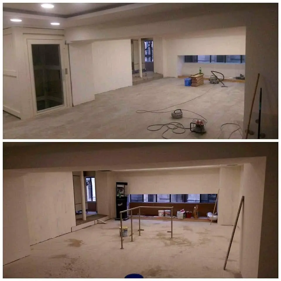 Living + coridor cu cabluri electrice, mașina de vopsit, praf abundent, doze electrice
