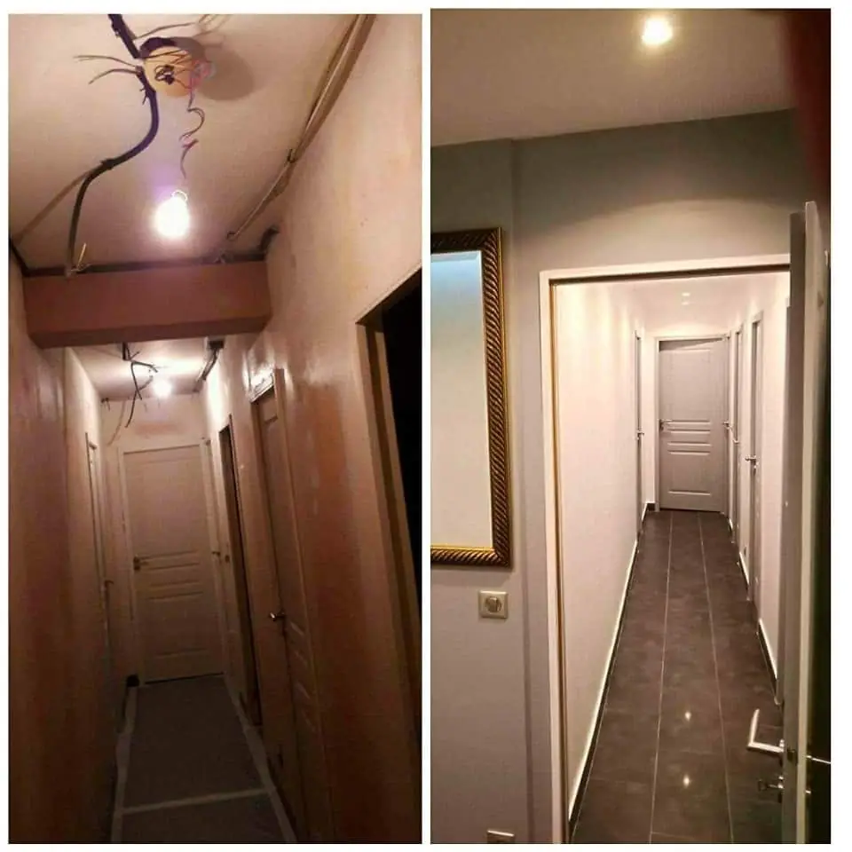 Coridor: stânga în lucru (cabluri expuse, iluminare pe tavan), dreapta finalizat (parchet gri