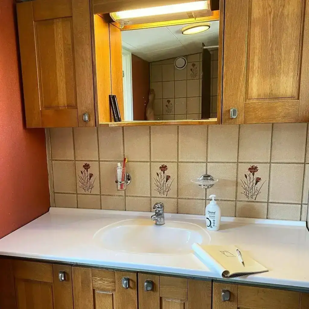 Baie renovată cu mobilier din lemn, oglindă de baie și faianță