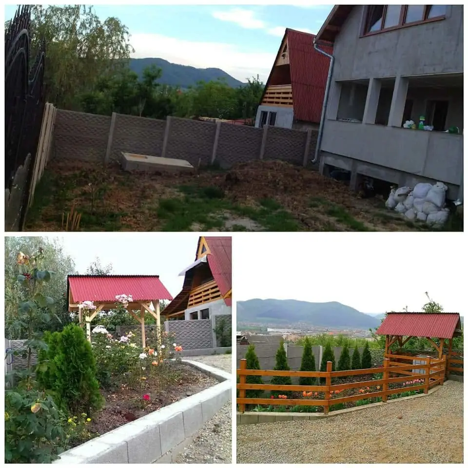 Exterior — curte cu gard în construcție, casă cu fațadă parțial renovată, acoperis