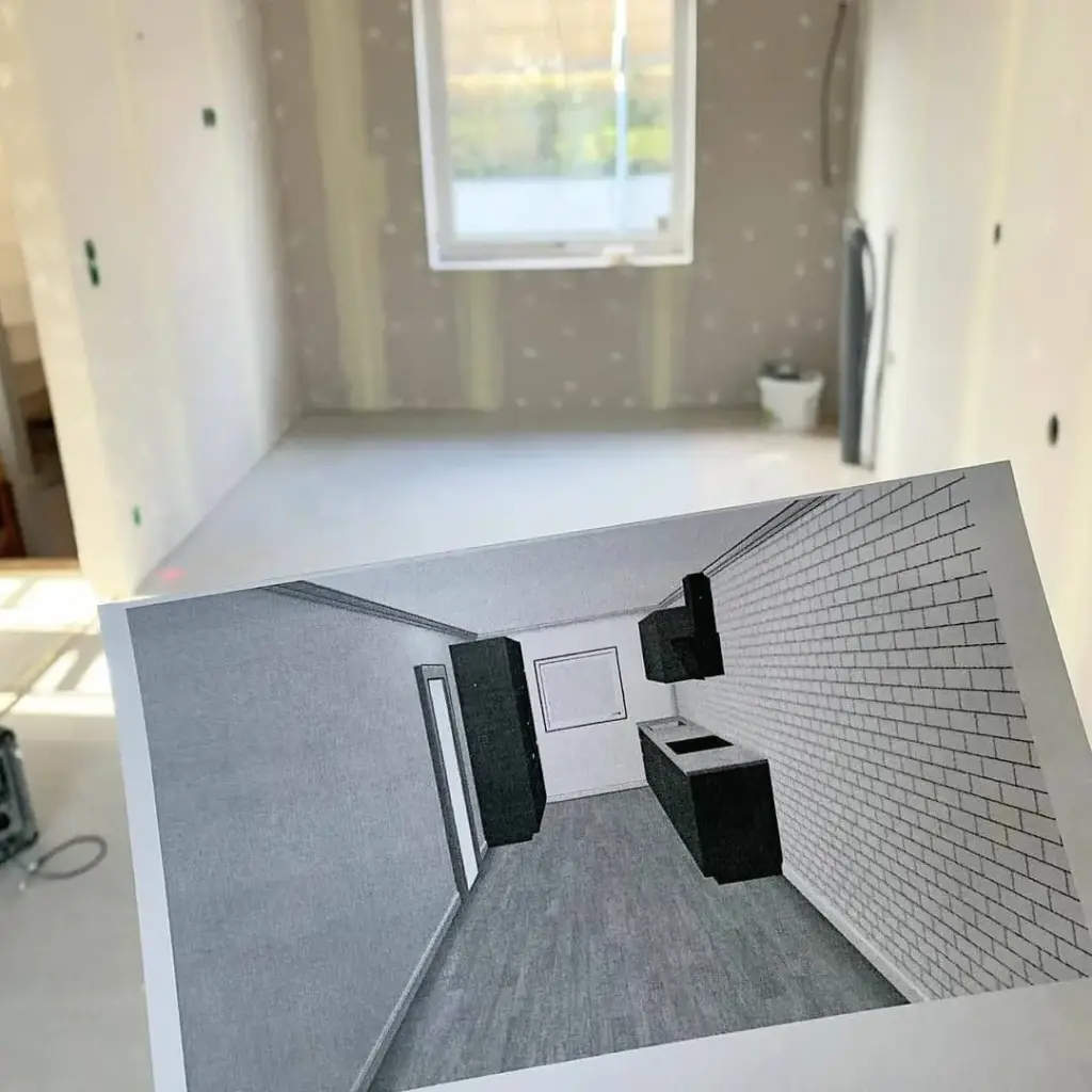 Interior în rigips inițial cu desen/rendering de design deasupra pe foaie, pereți goi