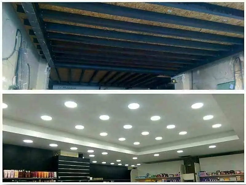 Montaj înainte-după: sus structură rigips pe tavan cu lemn brut, jos cameră renovată