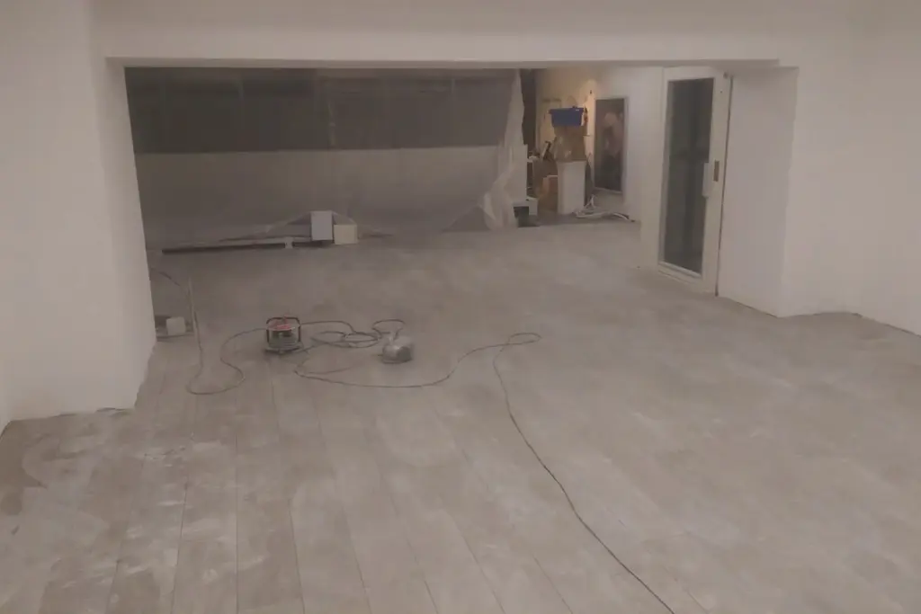 Apartament în renovare cu parchet în spic și instalații electrice vizibile